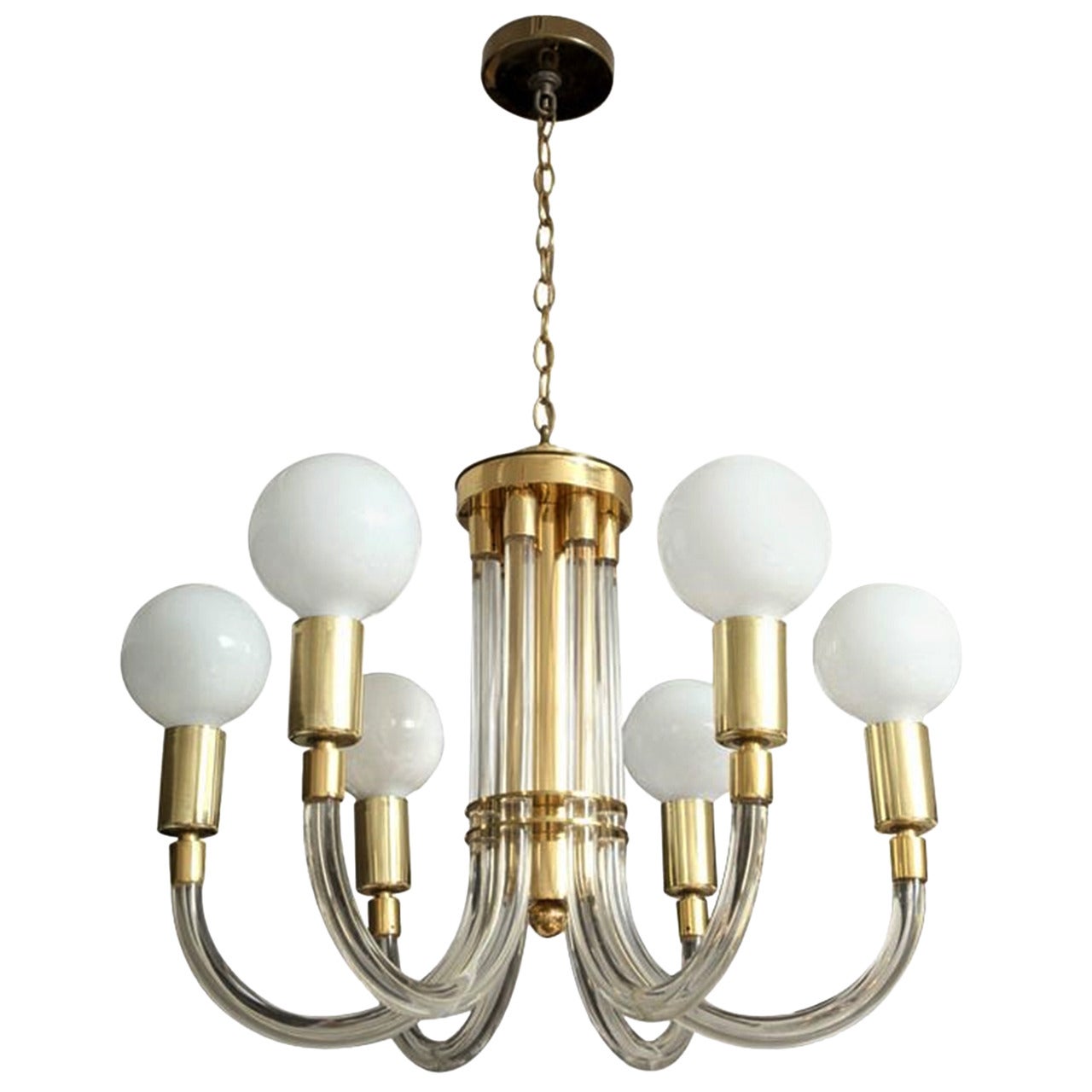 Charles Hollis Jones Six-Arm Chandelier in Brass and Lucite, Signed and Dated For Sale