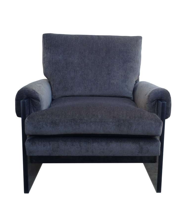 Rare 1970s Milo Baughman for Thayer Coggin upholstered armchair with smoked Lucite side supports and back stretchers supporting an upholstered frame, original upholstery, original labels.
The chair is newly upholstered in a beautiful charcoal gray