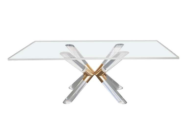 One table in brass and Lucite is ready to ship; top size and shape can be customized.

Beautiful Lucite and brass dining table by Charles Hollis Jones from the 