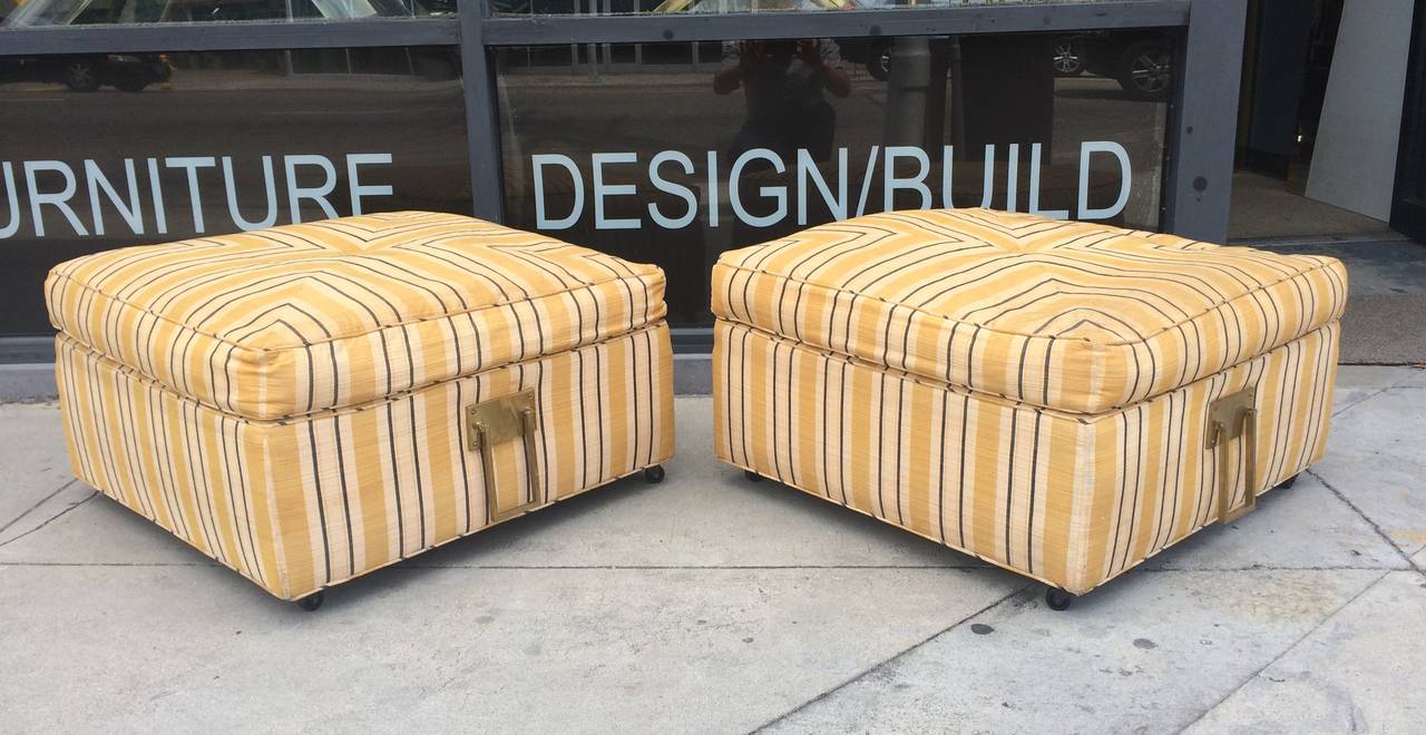 American Pair of 1960s Square Ottomans in Casters and Solid Brass Handles