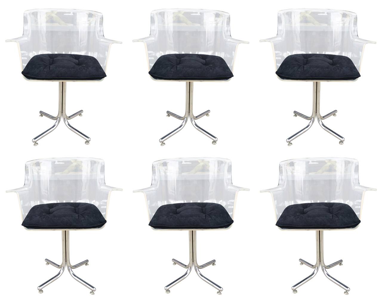 Fantastic set of six armchairs in Lucite and chrome designed by Leon Rosen and manufactured for Pace Collection.
The chairs have beautiful lines, the Lucite and chrome show well, the suede seats are in good condition and they may need to be