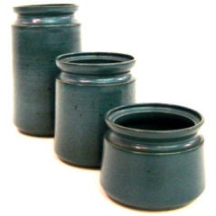 Vintage Set of Three Blue Glazed Stoneware Jars by Victoria Littlejohn