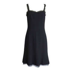 CHANEL 04P dress black wool chiffon fringe detail wearable 42 / 10 mint