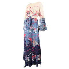 1970's Hanae Mori Couture Silk Gown with Pintucks & Chiffon Overlay
