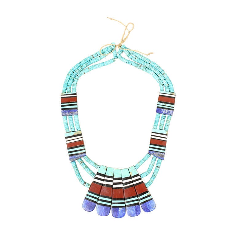 Santo Domingo Inlaid Turquoise Multi-Strand Necklace For Sale