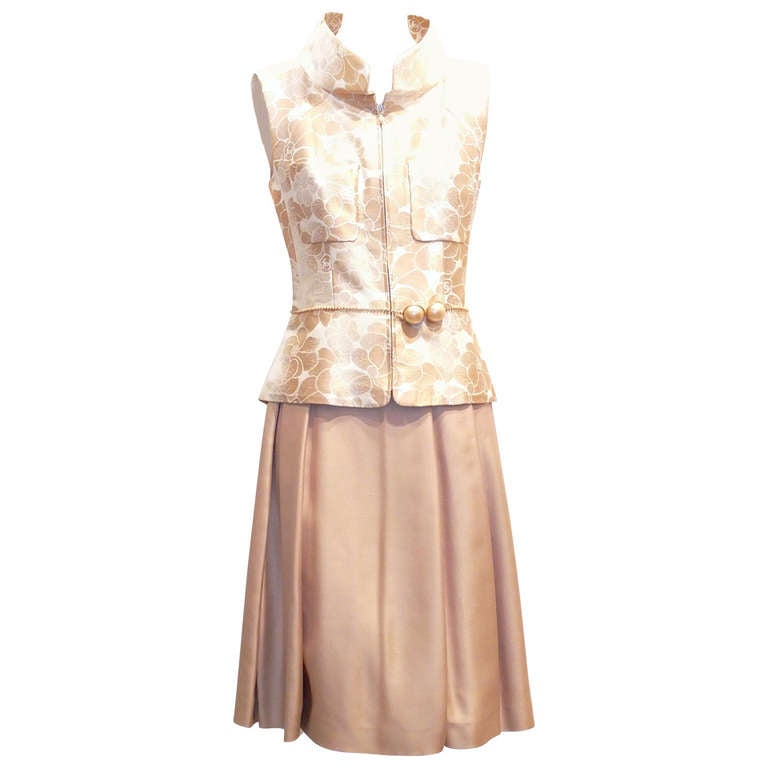 Chanel Two Piece Camellia Pattern Ensemble with Pearl Belt For Sale
