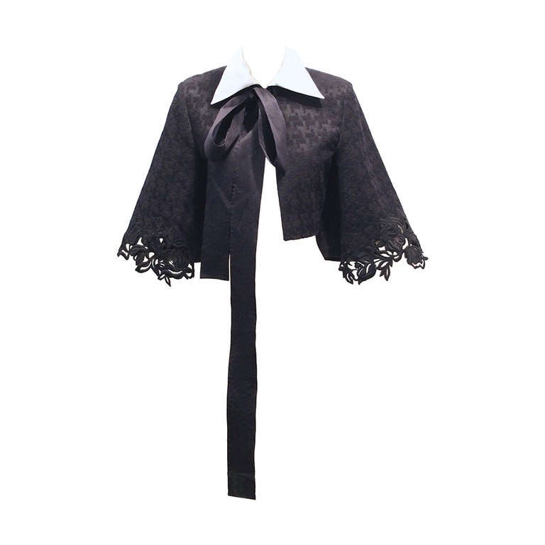 Gianfranco Ferre Black Jacket with White Organza Collar and Lace For Sale