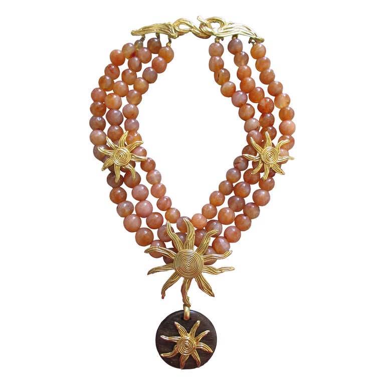 Yves Saint Laurent Bold Carnelian and Wood Necklace 1970's