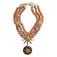Vintage Yves Saint Laurent Bold Carnelian and Wood Necklace 1970
s