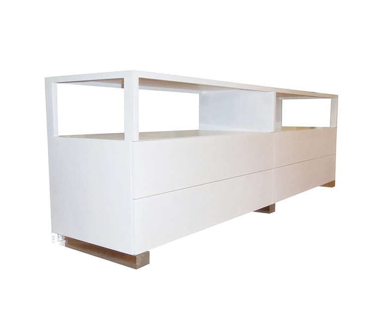 Beautiful long dresser made of solid white oak and Lucite with a milk glass top.

This piece is an original and the only one in existence, it was designed by Interior Designer and Owner of Cain Modern.

The piece has beautiful lines and great