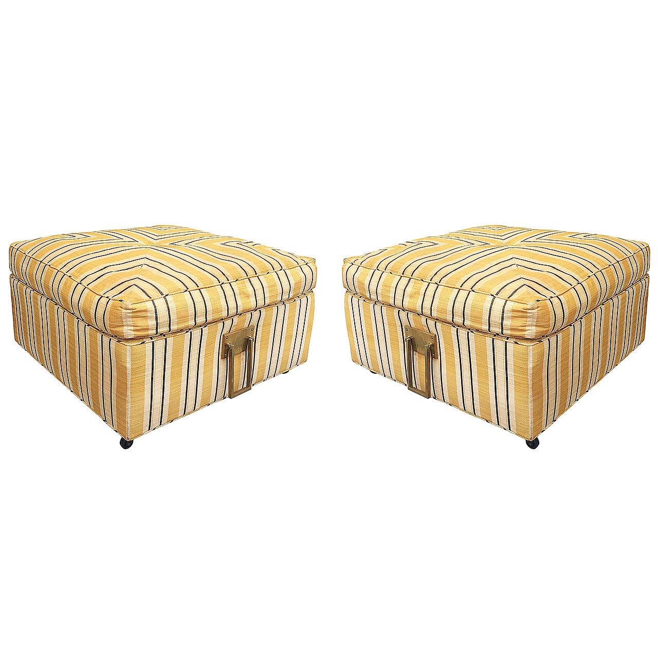 Pair of 1960s Square Ottomans in Casters and Solid Brass Handles