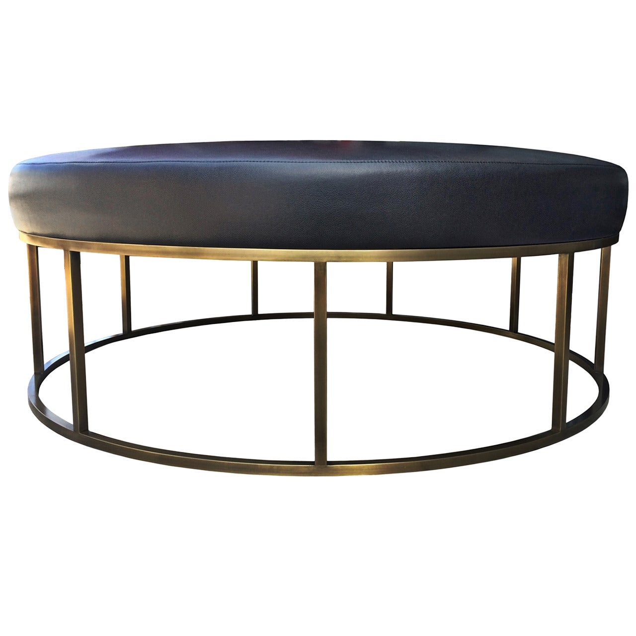 Stunning Custom Designed Round Ottoman with Solid Brass Base For Sale