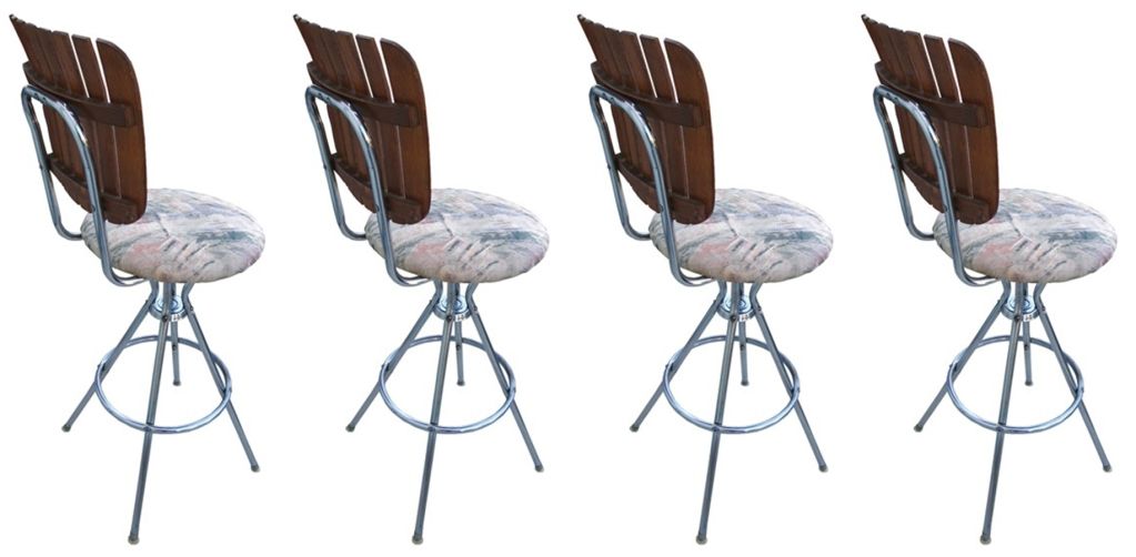 Mid-Century Modern Four Barstools with Chrome Tubular Frame and Teak Slatted Backrest