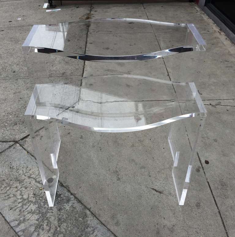 Beautiful pair of Lucite side tables designed and manufactured by Charles Hollis Jones in the 1980s as a part of his 