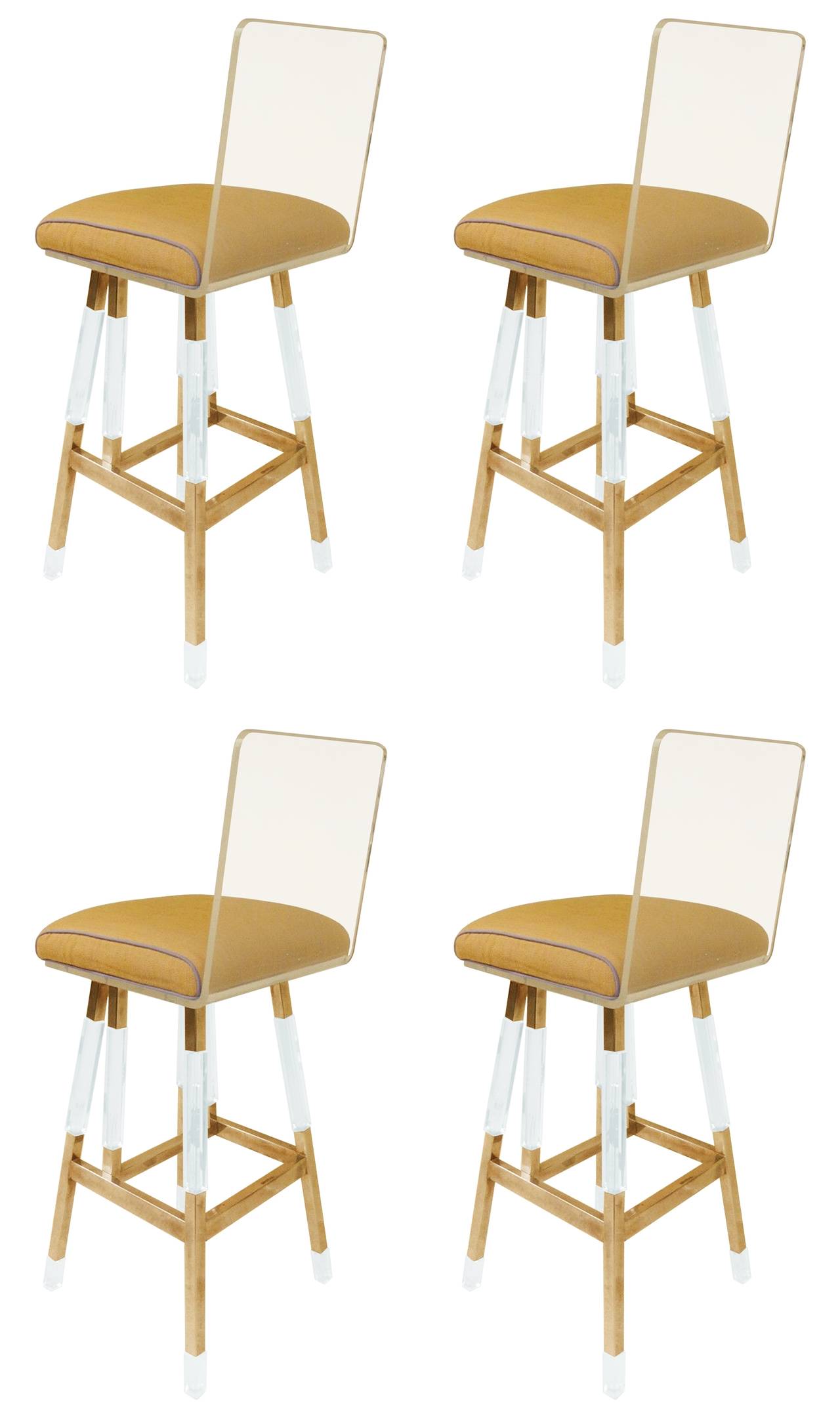 Beautiful set of four bar-stools designed by Charles Hollis Jones in the 1970s, This design is a blend of his Metric collection and the waterfall line and the design was executed beautifully.
The frame is made out of solid brass and Lucite and the
