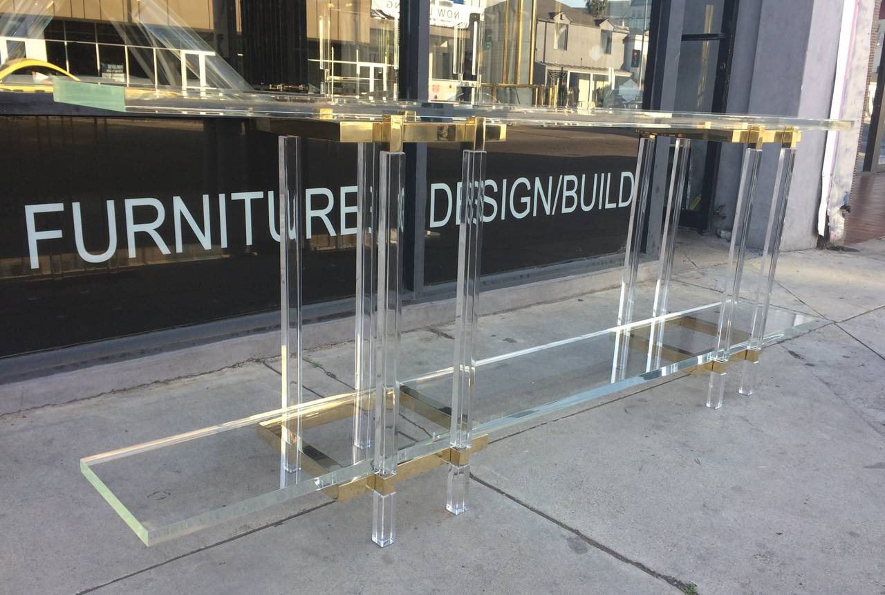 Narrow Console or Sofa Table in Solid Brass and Lucite by Charles Hollis Jones In Excellent Condition In Los Angeles, CA