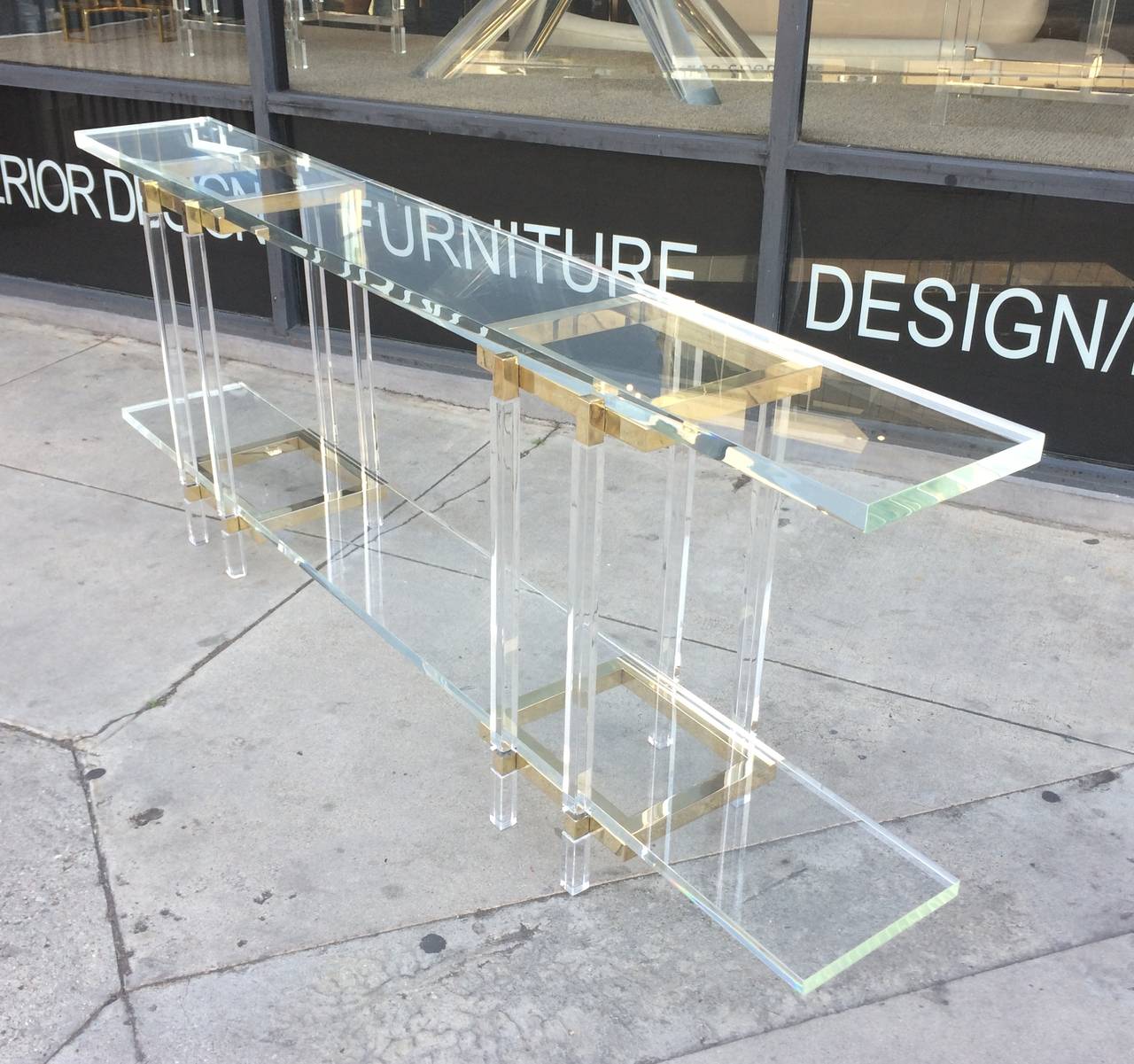 Mid-Century Modern Narrow Console or Sofa Table in Solid Brass and Lucite by Charles Hollis Jones