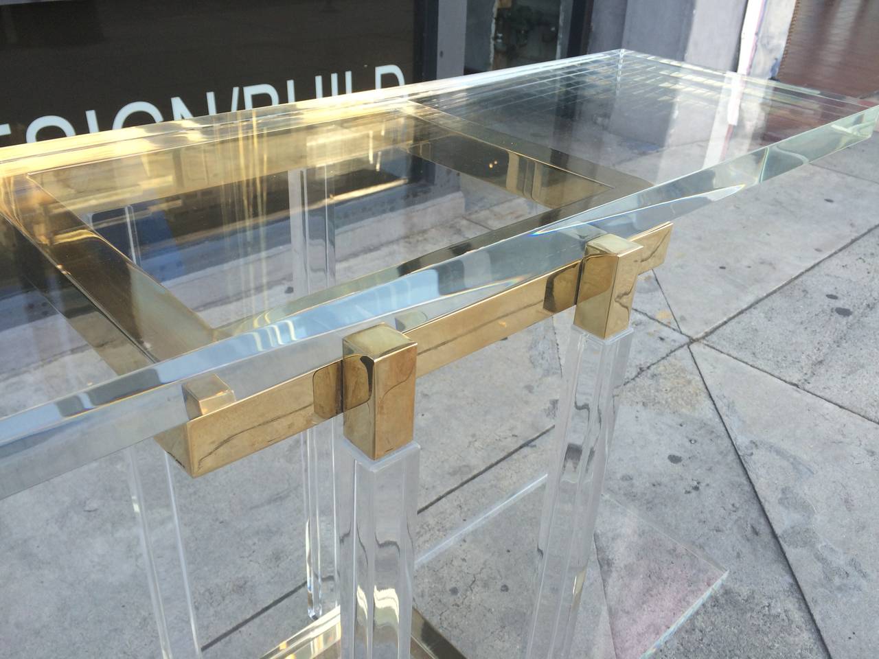 Late 20th Century Narrow Console or Sofa Table in Solid Brass and Lucite by Charles Hollis Jones