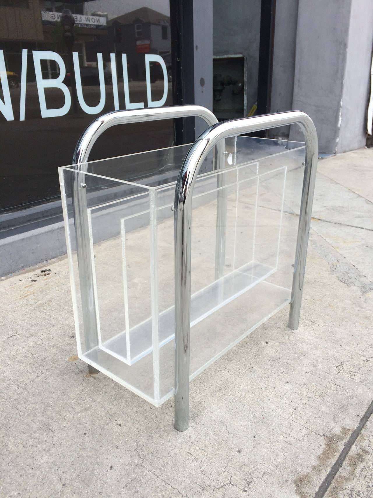 Mid-Century Modern Chrome and Lucite Magazine Holder by Charles Hollis Jones, Signed For Sale