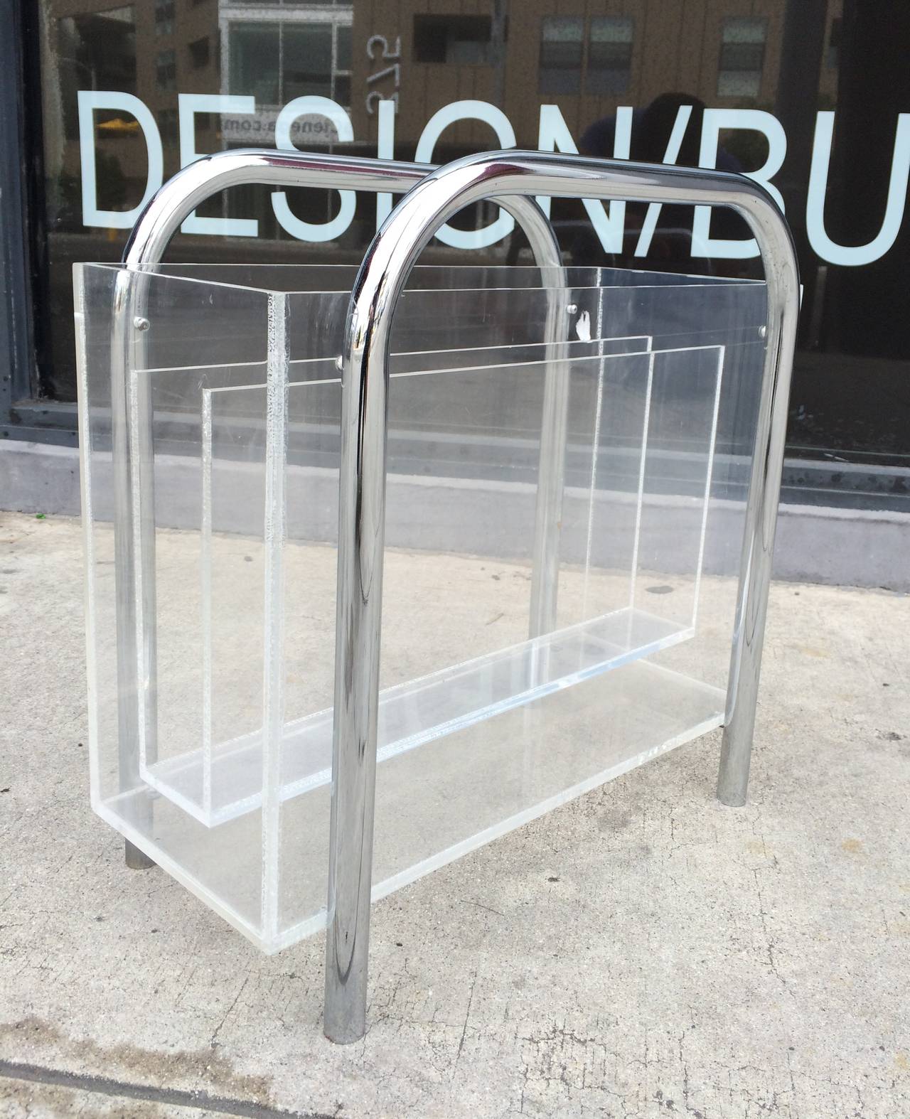 American Chrome and Lucite Magazine Holder by Charles Hollis Jones, Signed For Sale
