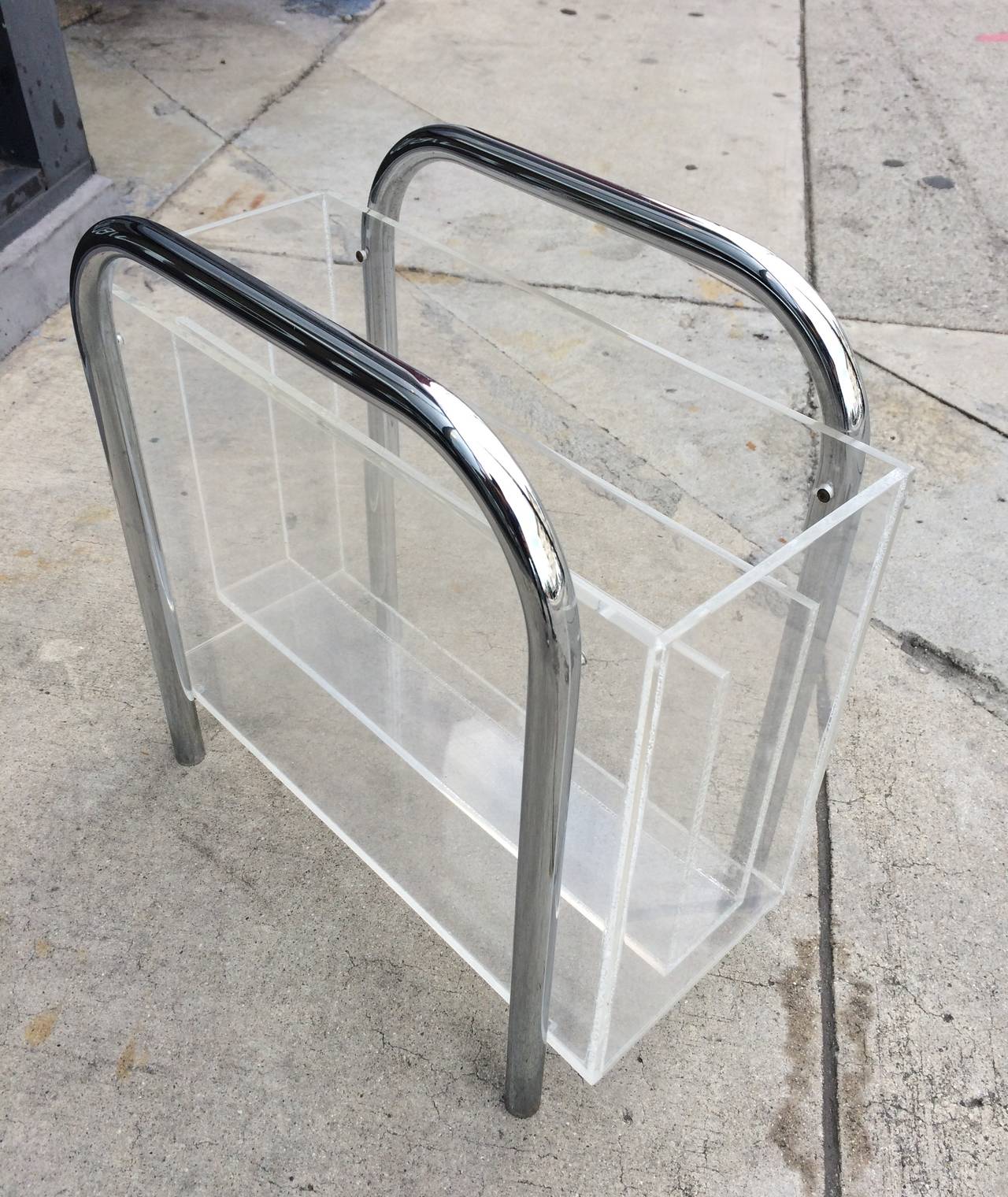 Late 20th Century Chrome and Lucite Magazine Holder by Charles Hollis Jones, Signed For Sale