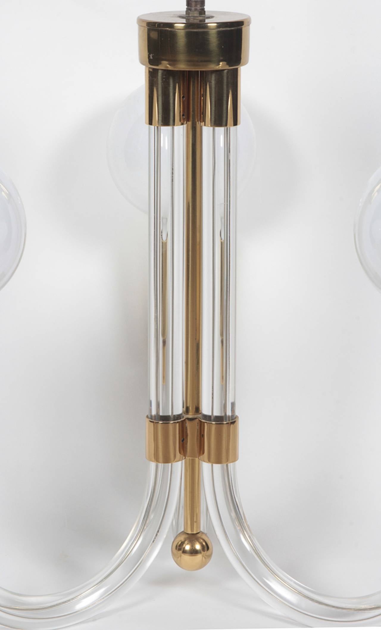 American Charles Hollis Jones Three-Arm Chandelier in Brass and Lucite, Signed and Dated For Sale