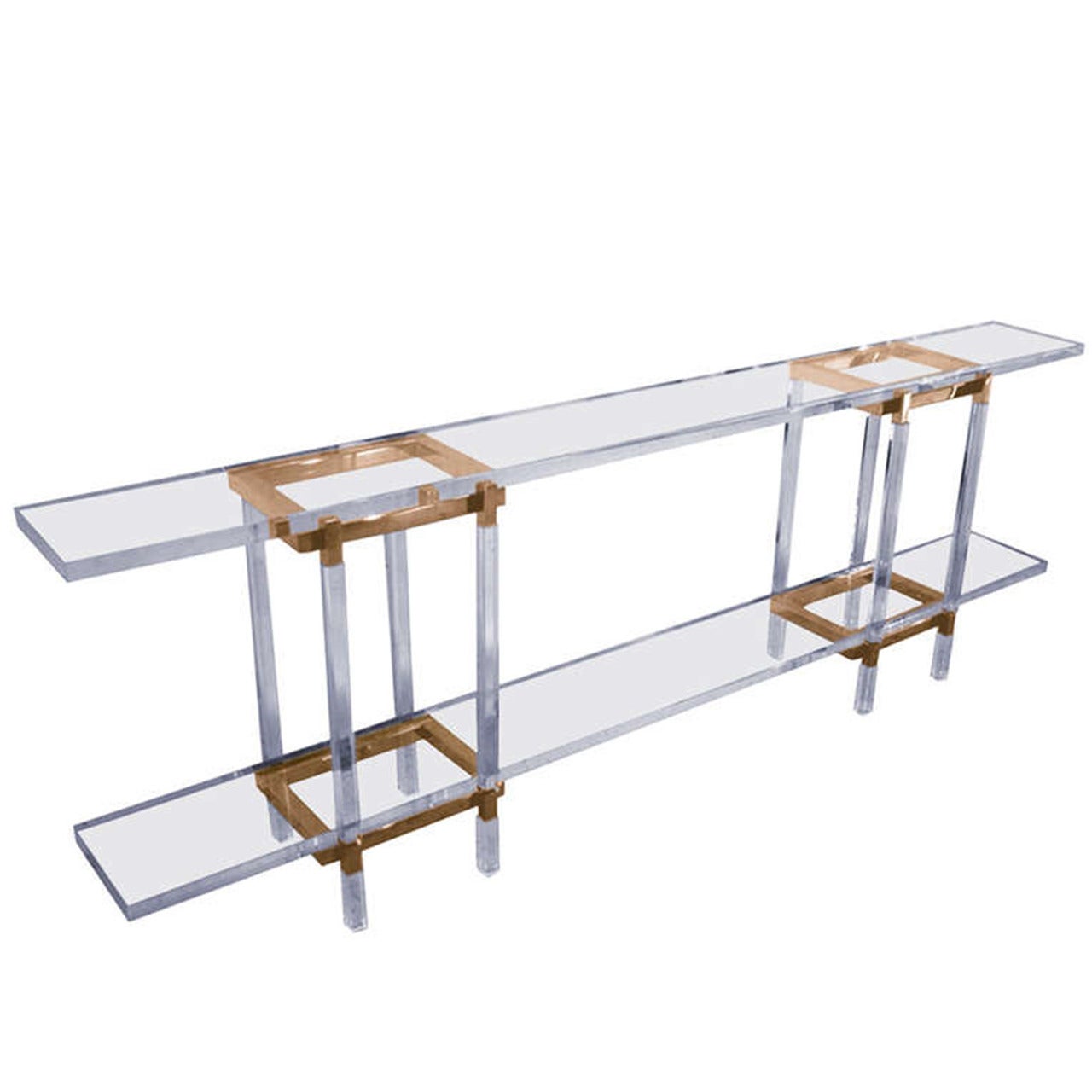 Narrow Console or Sofa Table in Solid Brass and Lucite by Charles Hollis Jones