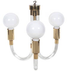 Charles Hollis Jones Three-Arm Chandelier in Brass and Lucite, Signed and Dated 4