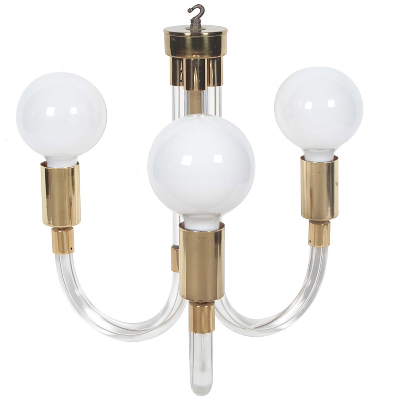 Charles Hollis Jones Three-Arm Chandelier in Brass and Lucite, Signed and Dated For Sale