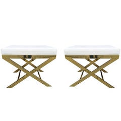 Pair of X-Frame Benches in Solid Brass by Charles Hollis Jones, Signed 7