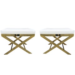 Pair of X-Frame Benches in Solid Brass by Charles Hollis Jones, Signed