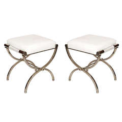 Charles Hollis Jones "Empire" Style Pair of Benches in Nickel and Naugahyde 8