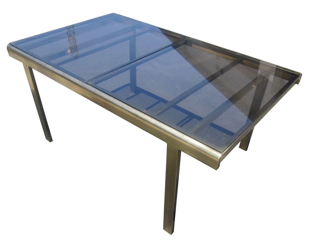 American Expandable Mastercraft Dining Table in Brass and Smoked Glass