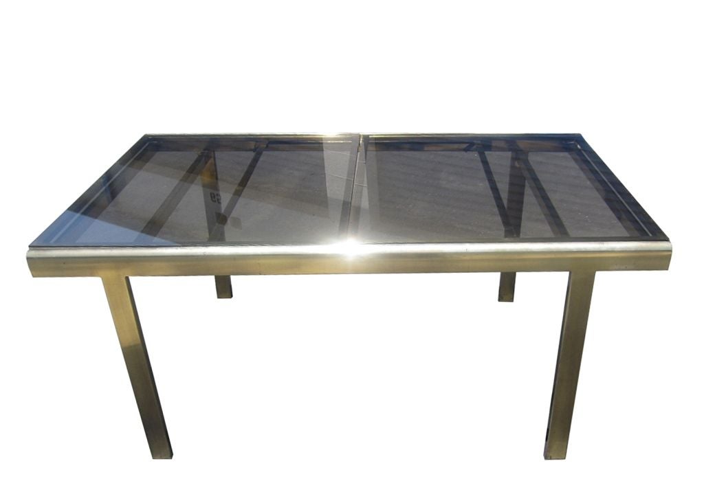 Expandable Mastercraft Dining Table in Brass and Smoked Glass In Fair Condition In Los Angeles, CA