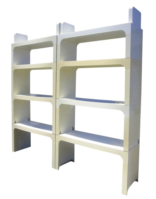 Olaf von Bohr shelving unit, by Kartell, made in the USA by Beylerian, molded white plastic, consists of upright supports and horizontal shelving sections, signed with impressed marks.<br />
The unit can be arranged in several different ways to
