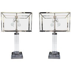 Pair of Charles Hollis Jones Table Lamps in Lucite and Nickel, Signed and Dated 5