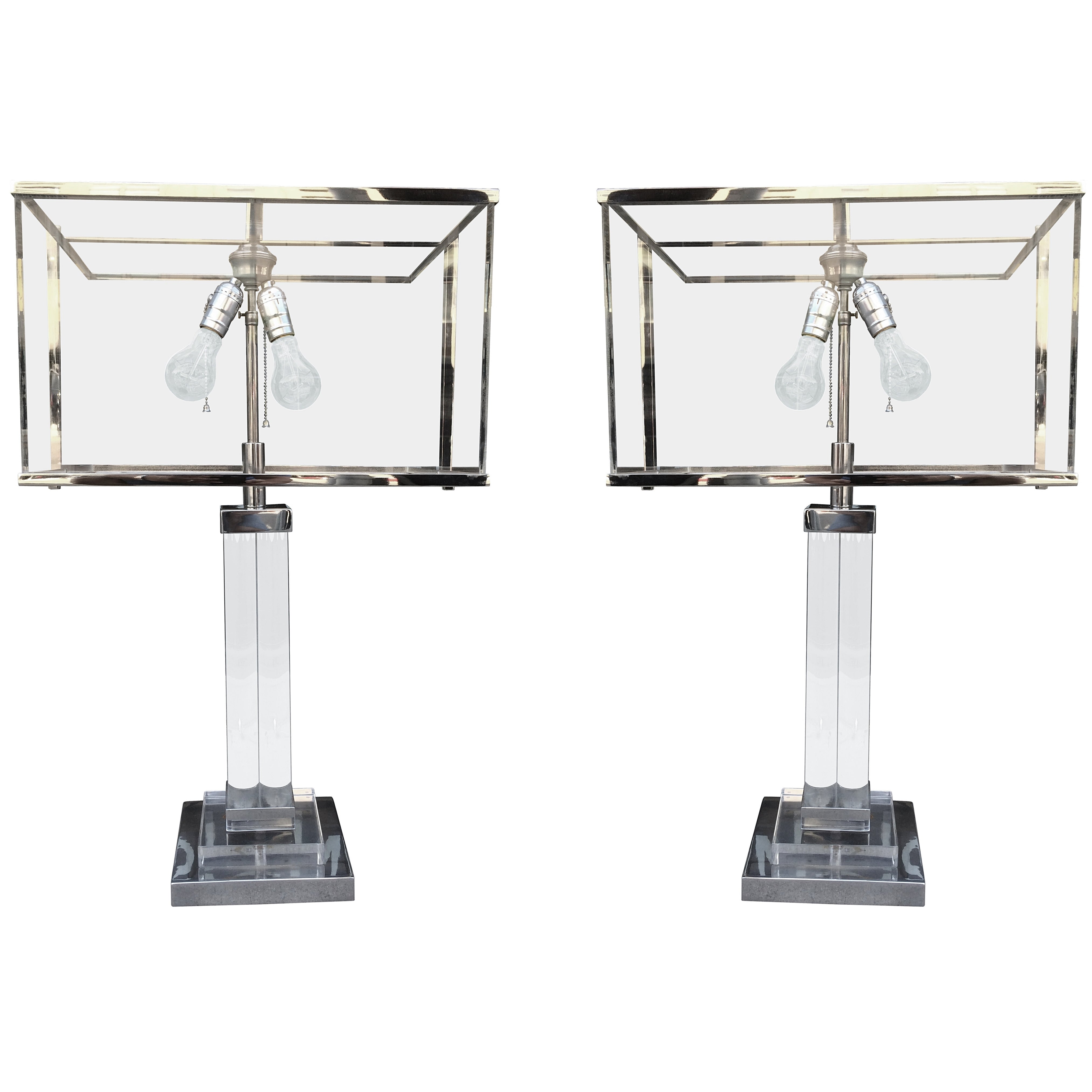 Pair of Charles Hollis Jones Table Lamps in Lucite and Nickel, Signed and Dated