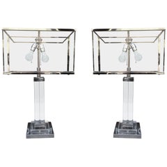 Pair of Charles Hollis Jones Table Lamps in Lucite and Nickel, Signed and Dated