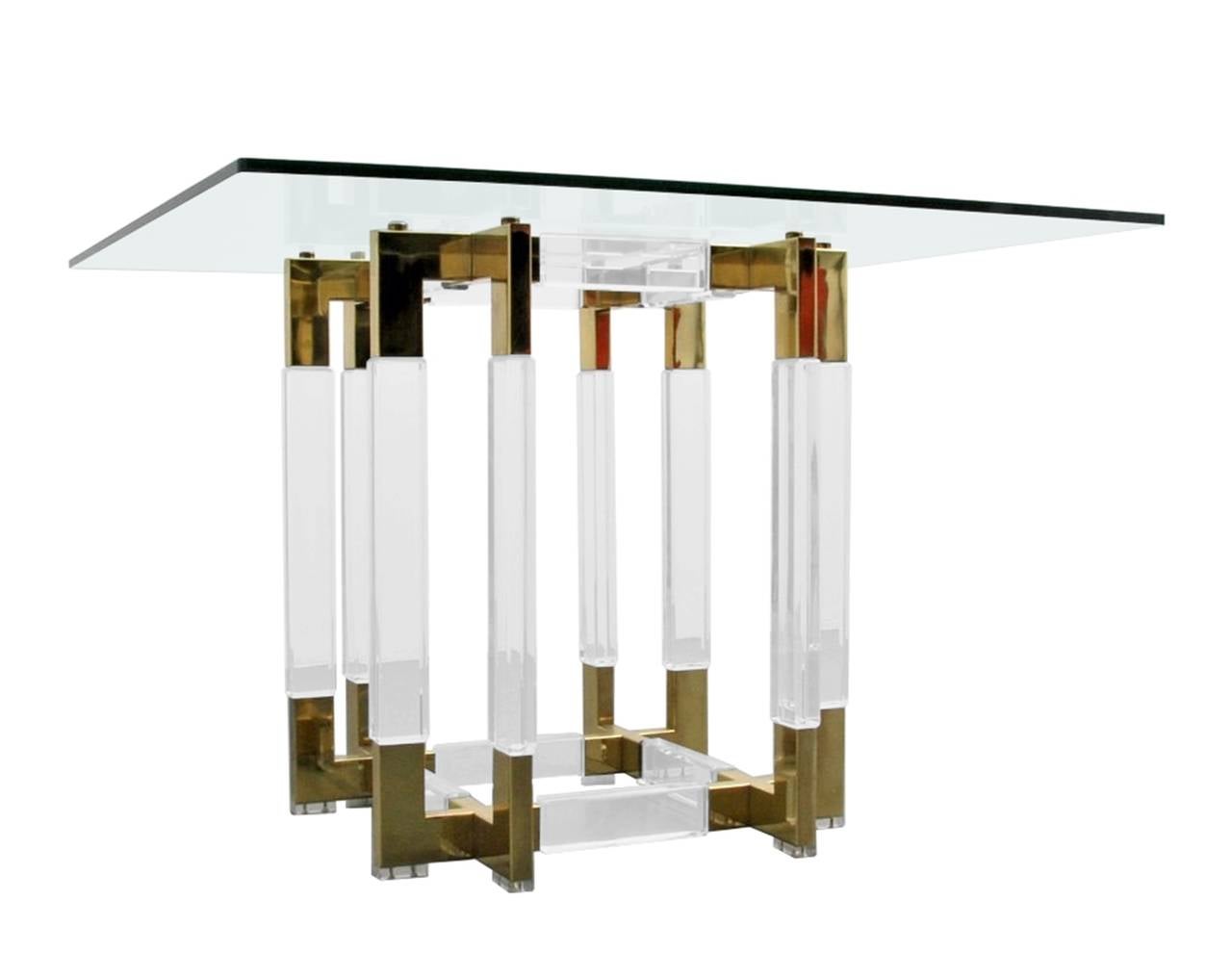 Square Lucite and brass dining table designed and manufactured by Charles Hollis Jones and part of his 