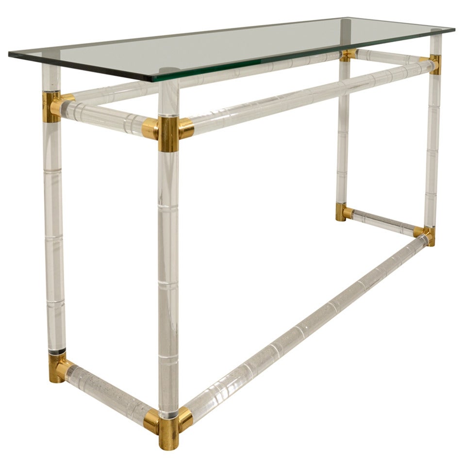 Faux Bamboo Console in Lucite and Brass by Charles Hollis Jones