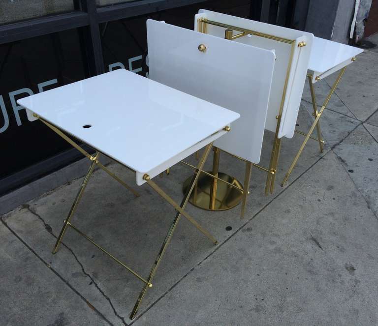 Mid-Century Modern Set of Four Acrylic and Brass Serving Trays and Stand by Charles Hollis Jones