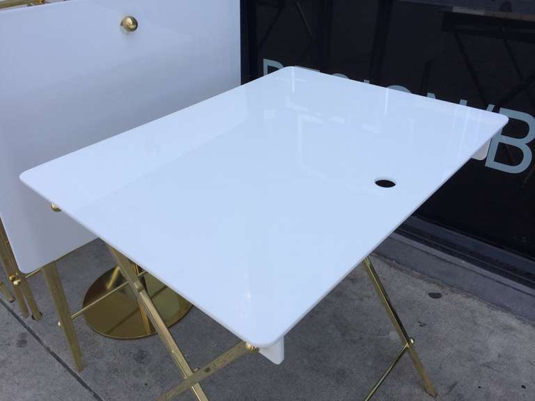 Set of Four Acrylic and Brass Serving Trays and Stand by Charles Hollis