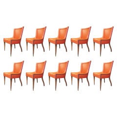 10 Vintage French Chairs In Orange Naugahyde with Nail-trim