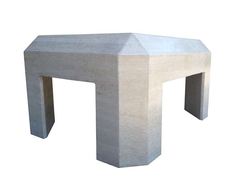 Vintage travertine coffee table with beautiful architectural lines. The table is very substantial and displays very well, the table is nicely polished and is in excellent original condition.
Measurements: 43.5