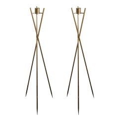 Pair of Tall Bronze Tripod Floor Lamps by Leavitt Weaver