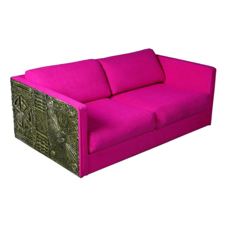 1960's sofa set made by Craft Associates, designed by Adrian Pearsall, in the style of Paul Evans. The couches have the original tags and are in good condition with the original fuscia upholstery and resin sculpted side and back panels.<br />
The