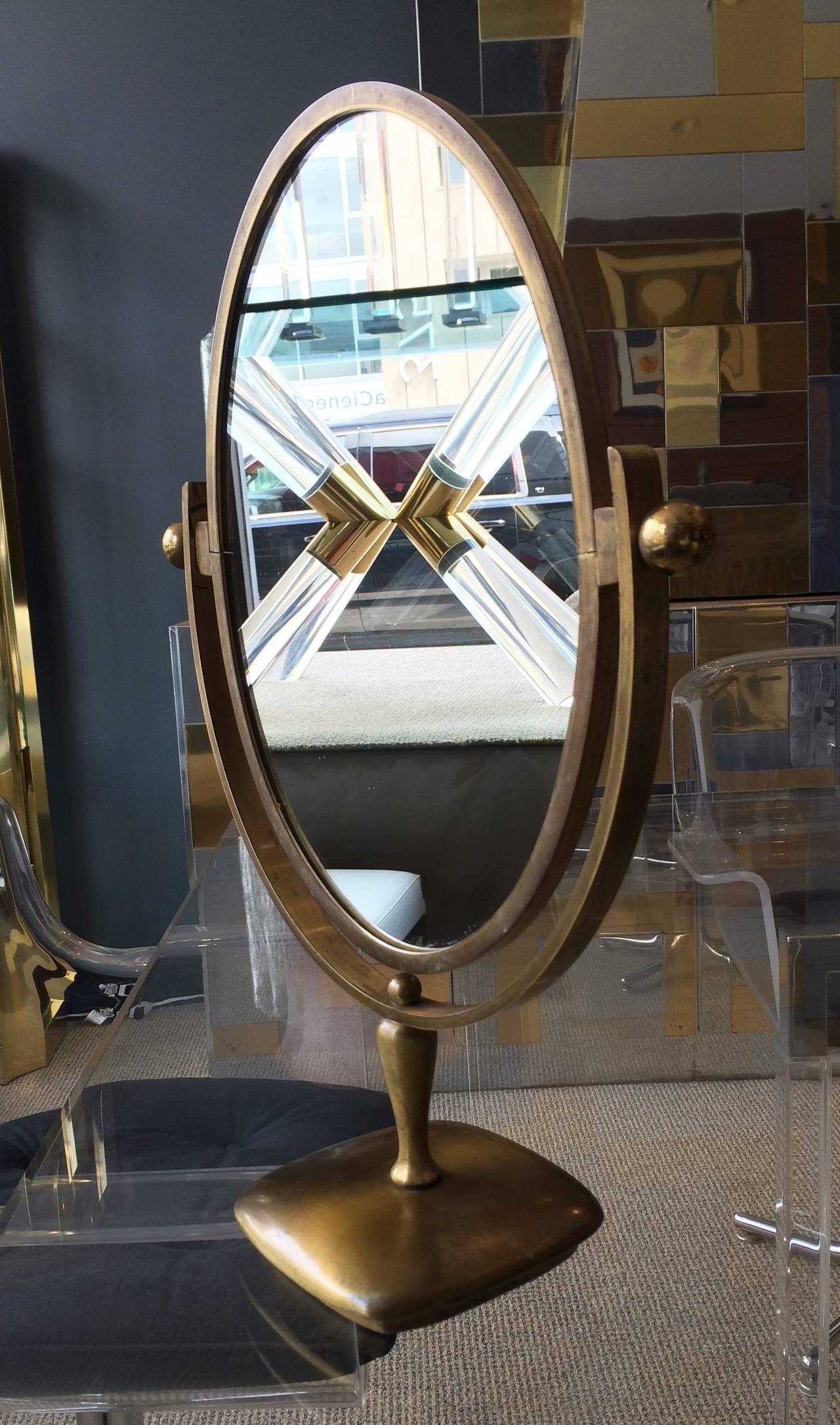 American Charles Hollis Jones Vanity or Table Mirror in Antique Brass
