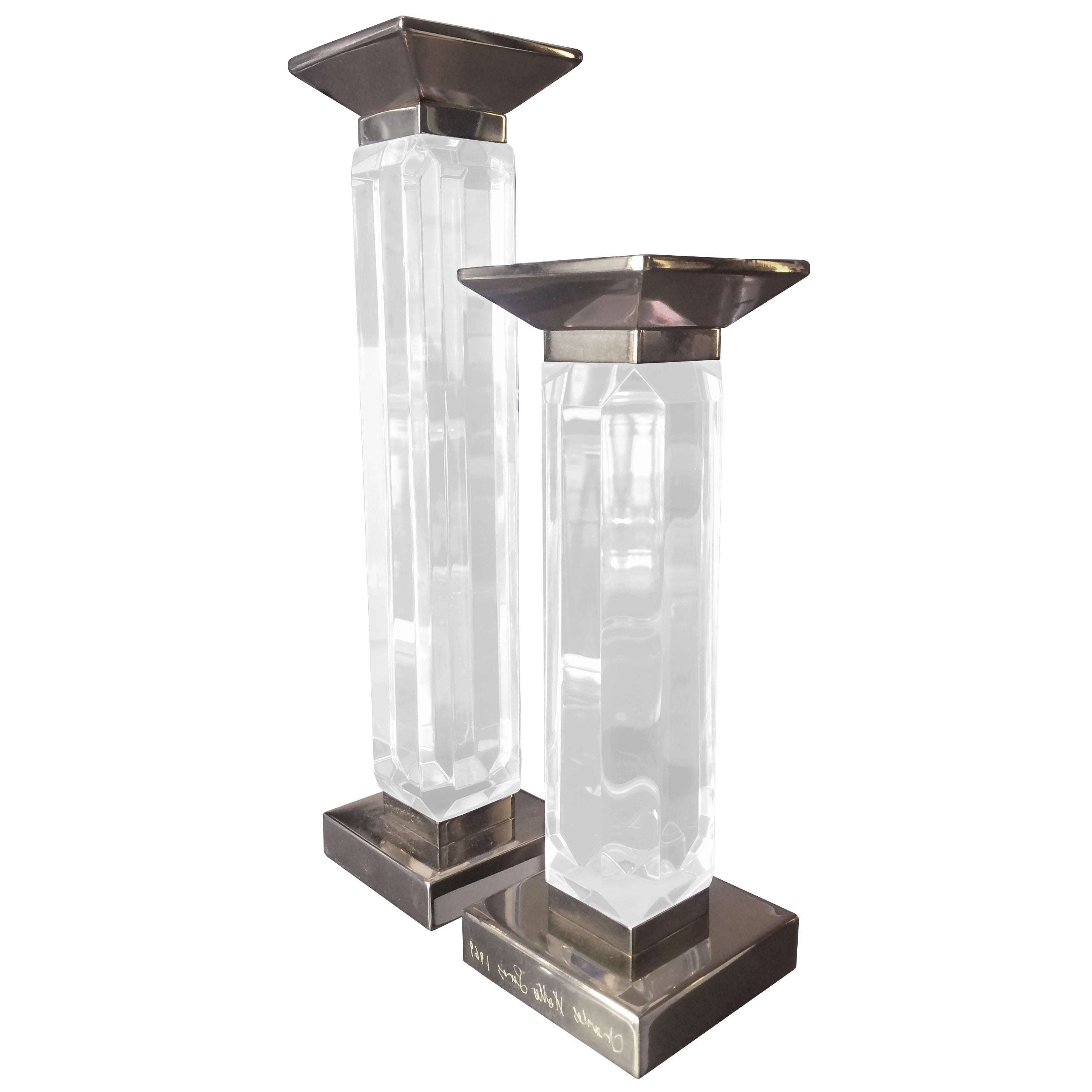 Pair of Charles Hollis Jones Candleholders in Lucite and Nickel, Signed For Sale