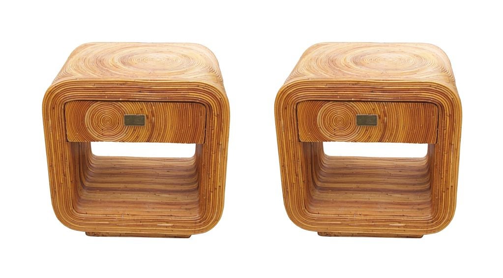 Pairs 1960's Reeded Rattan Nightstands With Brass Pulls at 1stdibs