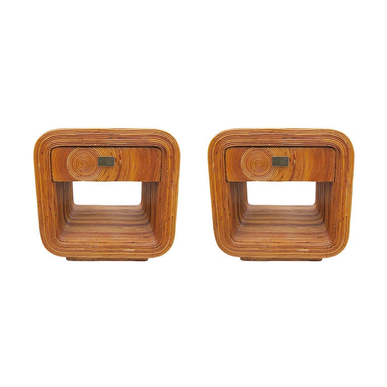 Pairs 1960
s Reeded Rattan Nightstands With Brass Pulls